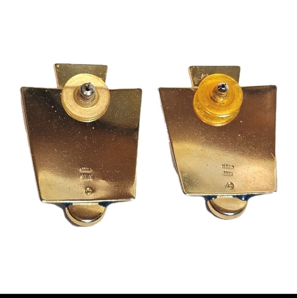 Moulin Rouge Art Deco Navy Blue Enamel Gold Tone Pierced Stud Vintage Earrings - Picture 8 of 10